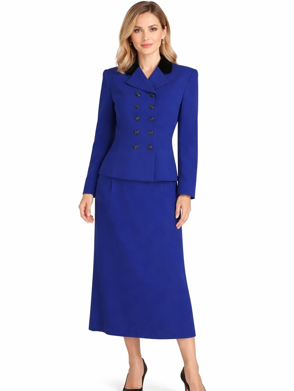 Kasper ASL Midi Wool Skirt Suit Size 6P Blue Black Velour Collar Double Breasted